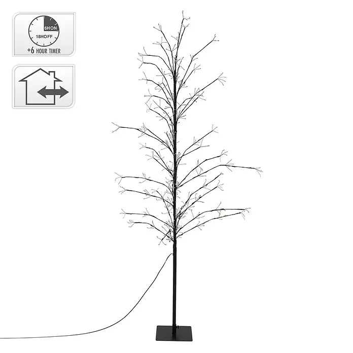 LED-Baum 180 cm 480LED Warmweiß Timer Außen Flexibel Zweige -  - Dunkelbrauner LED-Baum mit funkelnden weißen Lichtern, quadratischem Sockel, 6-Stunden-Timer und Symbol für Innen-/Außenbereich.