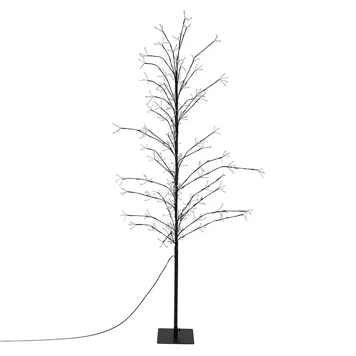 LED-Baum 180 cm 480LED Warmweiß Timer Außen Flexibel Zweige -  - Dunkler künstlicher Baum mit Ästen, die von vielen kleinen weißen LED-Lichtern beleuchtet werden, auf schwarzem quadratischem Standfuß mit Kabel.