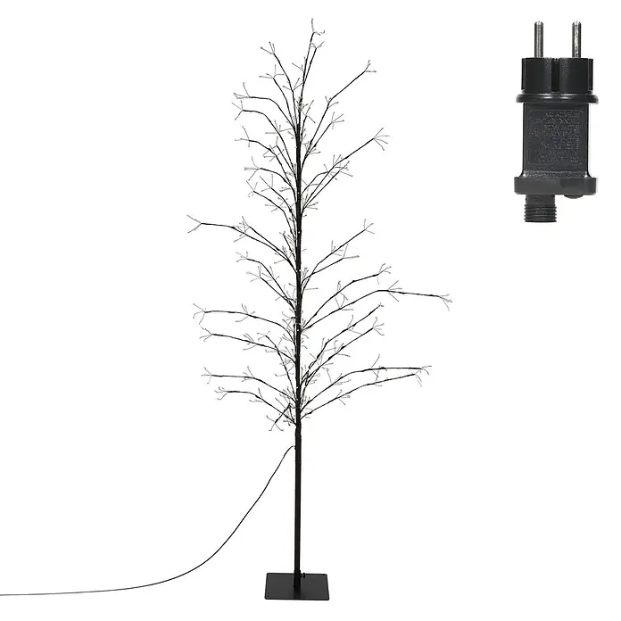 LED-Baum 180 cm 480LED Warmweiß Timer Außen Flexibel Zweige -  - Schwarz beleuchteter Astbaum mit weißen LEDs, quadratischem Sockel und separatem Netzteil.