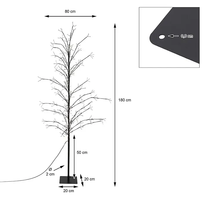 LED-Baum 180 cm 480LED Warmweiß Timer Außen Flexibel Zweige -  - Dunkler 180 cm hoher LED-Baum mit beleuchteten Ästen, 80 cm breit, auf einem 20x20 cm Sockel. Maße sind angegeben.