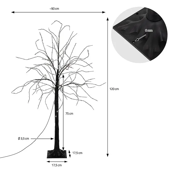 LED-Baum 120 cm mit 480 warmweißen LEDs Außen IP44 -  - Schwarzer LED-Baum mit sternförmigen Lichtern auf quadratischem Sockel, 120 cm hoch und 90 cm breit.