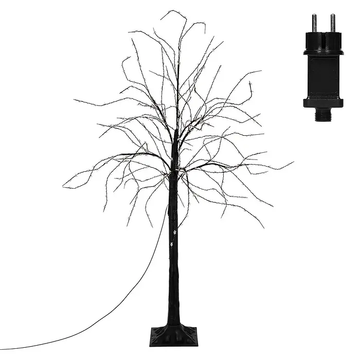 LED-Baum 120 cm mit 480 warmweißen LEDs Außen IP44 -  - Schwarzer Deko-Baum mit weißen sternförmigen LED-Lichtern und schwarzem Netzteil, zur festlichen Beleuchtung.