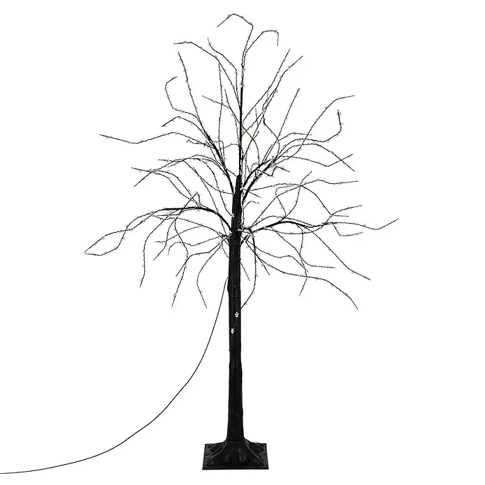 LED-Baum 120 cm mit 480 warmweißen LEDs Außen IP44 -  - Schwarzer Deko-Baum mit kahlen Ästen und sternförmigen LED-Leuchten auf schwarzem Sockel.