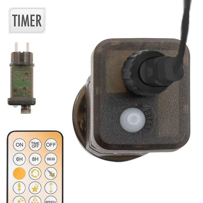 LED Weihnachtsbaum Außen 210 cm 370LED Warmweiß Metall Timer Dimmbar -  - Dunkelgrauer Außencontroller mit „PRESS“-Taste und Fernbedienung für Leuchten, mit Timer (6H, 8H) und Effekteinstellungen.