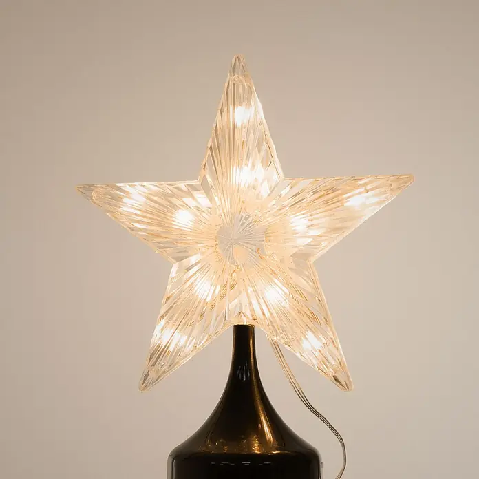 LED Weihnachtsbaum Außen 210 cm 370LED Warmweiß Metall Timer Dimmbar -  - Klarer, texturierter, beleuchteter Stern als Weihnachtsbaumspitze auf dunklem Sockel, warmweiß leuchtend.
