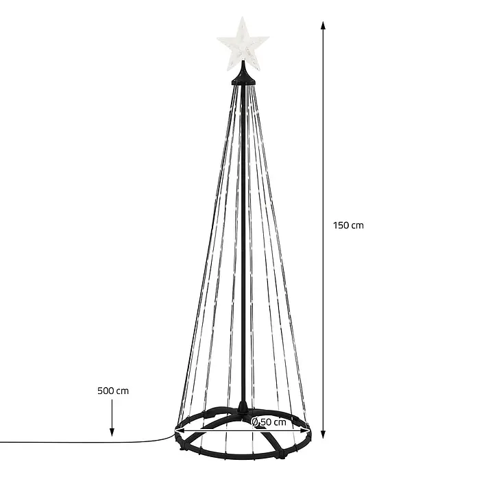 LED Weihnachtsbaum Außen 150 cm 154LED Warmweiß Metall Timer Dimmbar -  - Kegelförmiger LED-Lichtbaum mit schwarzem Rahmen und Sternspitze, 150 cm hoch, 50 cm Durchmesser, 500 cm Kabel.