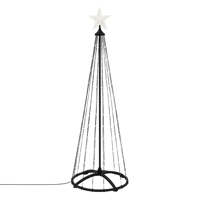 LED Weihnachtsbaum Außen 150 cm 154LED Warmweiß Metall Timer Dimmbar -  - Ein schwarzer, konischer Leuchtbaum mit Sternspitze und warmweißen LED-Lichtern von oben bis zum Fuß.