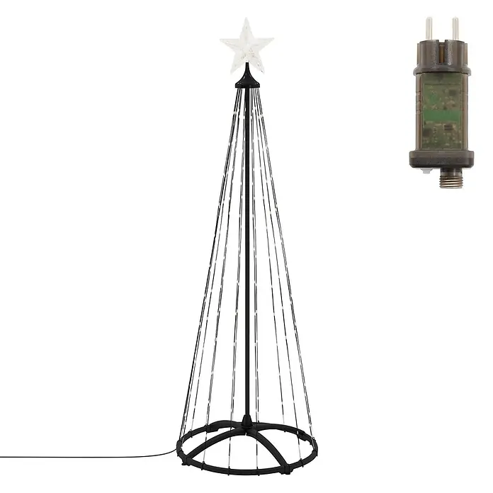 LED Weihnachtsbaum Außen 150 cm 154LED Warmweiß Metall Timer Dimmbar -  - Schwarzer Metall-Kegel-Weihnachtsbaum mit Lichterkette, klarem Sternaufsatz und Netzadapter.