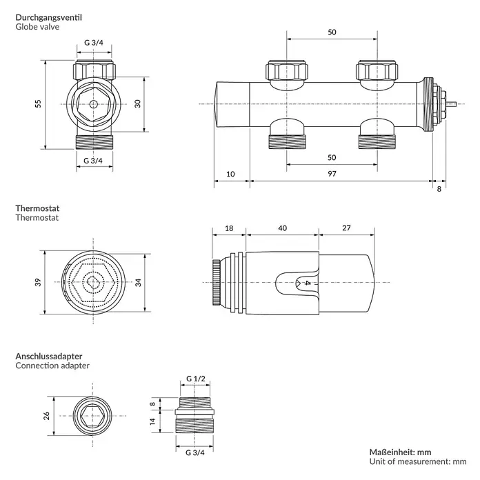 Anschlussgarnitur Badheizkörper Mittelanschluss Durchgangsform Schwarz -  - Technisches Zeichnung eines Durchgangsventils (G 3/4), eines Thermostats und eines Anschlussadapters (G 1/2 auf G 3/4).