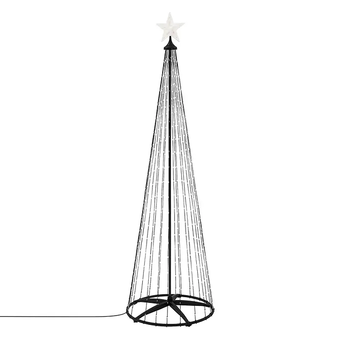 LED Weihnachtsbaum Außen 210 cm 370LED Warmweiß Metall Timer Dimmbar -  - Konischer LED-Lichterbaum aus schwarzem Metall mit Sternspitze und weißen Lichterketten für die Weihnachtsdekoration im Freien.
