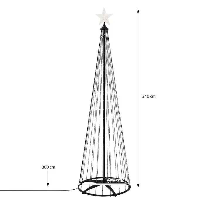 LED Weihnachtsbaum Außen 210 cm 370LED Warmweiß Metall Timer Dimmbar -  - Kegelförmige Outdoor-Weihnachtsbaumbeleuchtung mit weißen LED-Lichterketten, weißem Sternaufsatz, 210 cm hoch, 70 cm Basisdurchmesser und 800 cm Kabel.