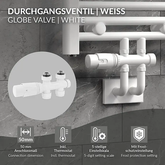 ECD Germany Multiblock Anschlussgarnitur Durchgangsform Weiß Bodenanschluss -  - Weißes Durchgangsventil mit Thermostat, 5-stelliger Einstellskala, Frostschutz und 50mm Anschluss.
