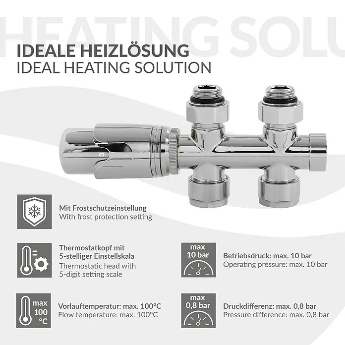 ECD Germany Multiblock Anschlussgarnitur Durchgangsform Chrom -  - Verchromtes Thermostat-Heizkörperventil mit 5-stelliger Einstellskala für ideale Heizungsregelung.