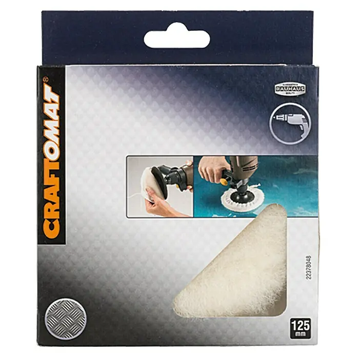 Craftomat Funda de lana - Diámetro: 125 mm - Embalaje de un accesorio de pulido CRAFTOMAT, 125 mm de diámetro, con imágenes de aplicación en el embalaje.