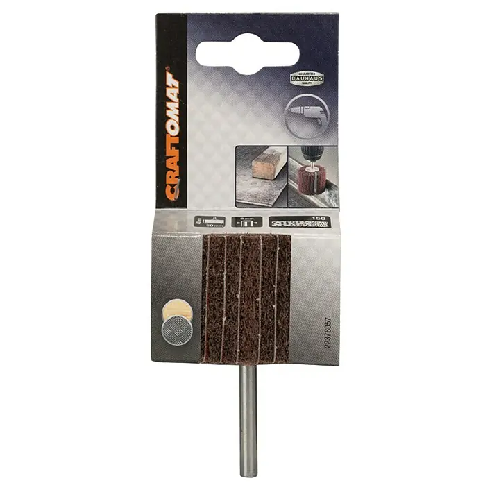 Craftomat Muela abrasiva laminar - Granulometría 150, Diámetro: 50 mm - Rueda de láminas CRAFTOMAT con tiras abrasivas marrones y eje plateado, ideal para lijar madera y metal.