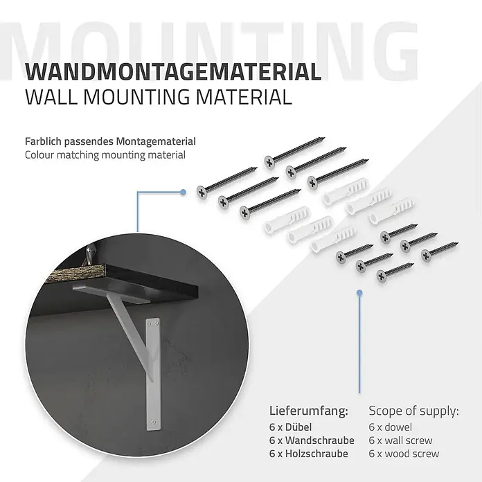 4 Stück Regalhalterung 240x240 mm Weiß aus Aluminium -  - Wandmontagematerial-Set mit Dübeln, Holz- und Wandschrauben für ein Regal.