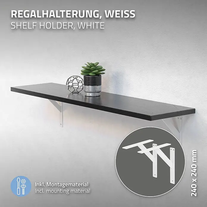 4 Stück Regalhalterung 240x240 mm Weiß aus Aluminium -  - Weißer Regalhalter aus Metall, 240x240 mm, trägt ein dunkles Regal. Inkl. Montagematerial.
