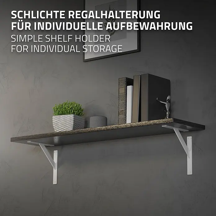 4 Stück Regalhalterung 240x240 mm Weiß aus Aluminium -  - Dunkles Holzregal mit weißen Metallhalterungen und Dekorationsgegenständen.