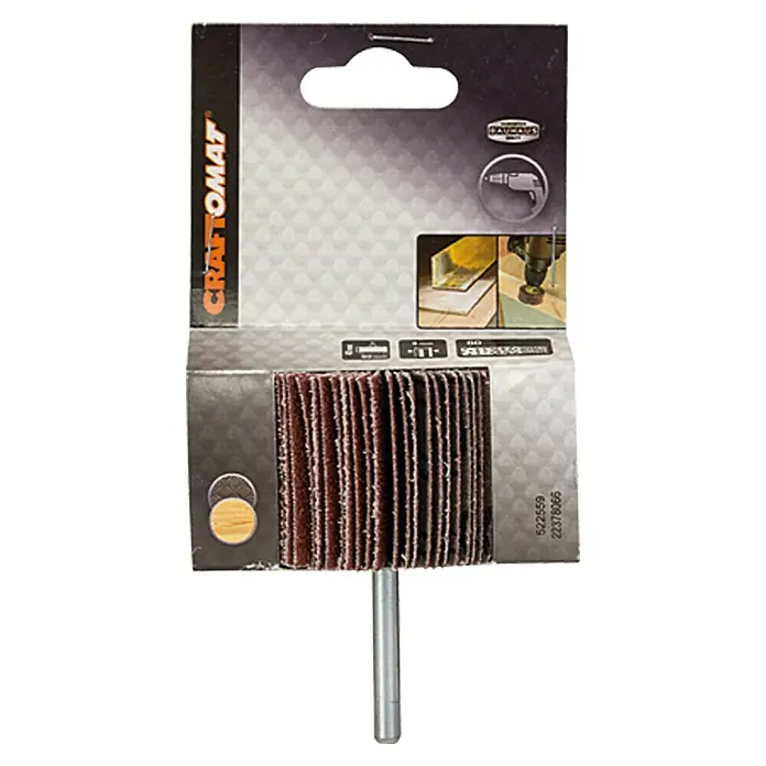 Craftomat Muela abrasiva laminar - Granulometría 60, Diámetro: 60 mm - La imagen muestra un disco de lijado de láminas para taladro en un embalaje de venta al por menor de Craftomat.