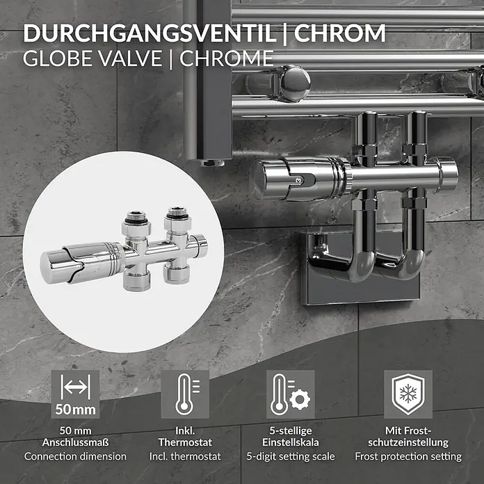 ECD Germany Multiblock Anschlussgarnitur Durchgangsform Chrom -  - Chrom-Durchgangsventil mit Thermostat für Heizkörper, 50mm Anschluss, 5-stelliger Skala und Frostschutz.