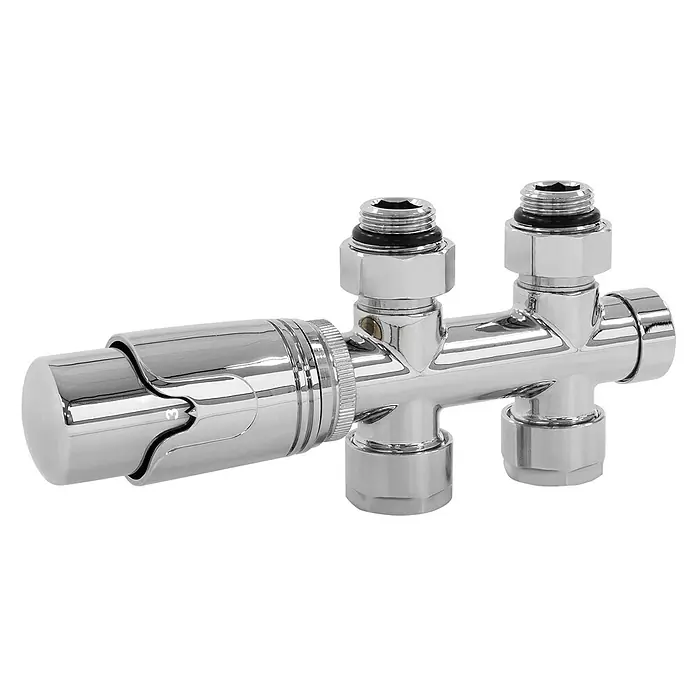 ECD Germany Multiblock Anschlussgarnitur Durchgangsform Chrom -  - Polierter Chrom-Thermostat-Heizkörperventil mit mehreren Anschlüssen.