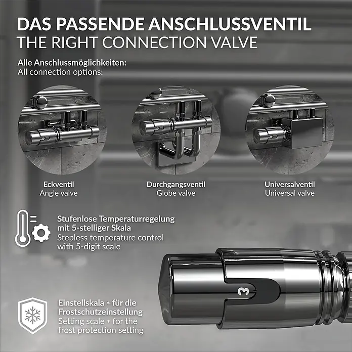 ECD Germany Multiblock Ventil-Armaturen Set Eckform Chrom mit Thermostat -  - Drei verchromte Anschlussventile (Eck-, Durchgangs-, Universalventil) mit Temperaturregelung, Temperaturskala und Frostschutzeinstellung.