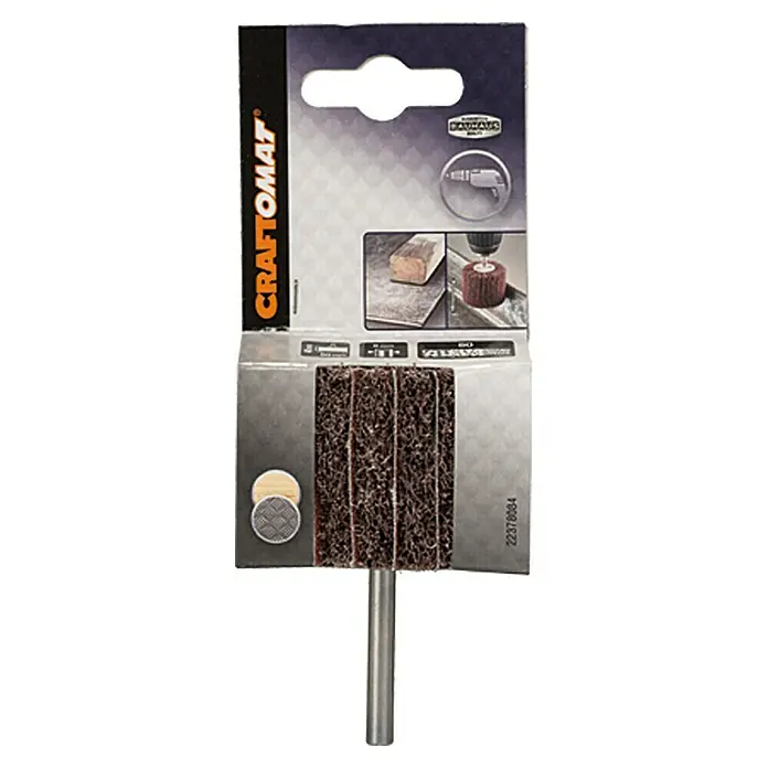 Craftomat Muela abrasiva laminar - Granulometría 80, Diámetro: 50 mm - Imagen de un accesorio de rueda de láminas Craftomat. Ideal para lijar madera y metal con taladros y atornilladores inalámbricos.