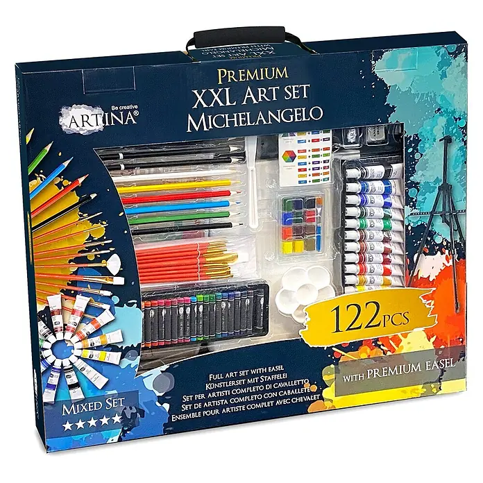 122tlg XXL Malset mit Staffelei Michelangelo, 122tlg. -  - Artina Premium XXL Michelangelo Kunstset in dunkelblauer Box, zeigt diverse Malutensilien & Premium Staffelei. Enthält 122 Teile.