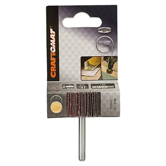 Craftomat Muela abrasiva laminar - Granulometría 120, Diámetro: 50 mm - Imagen de un cepillo de láminas Craftomat con vástago, ideal para lijar madera y metal, empaquetado en embalaje de venta al por menor.