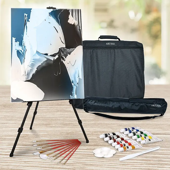 122tlg XXL Malset mit Staffelei Michelangelo, 122tlg. -  - Ein komplettes Artina-Kunstset mit schwarzer Staffelei, einem Gemälde, zwei schwarzen Tragetaschen, Farbtuben, Pinseln, einer Palette und einem Spachtel.
