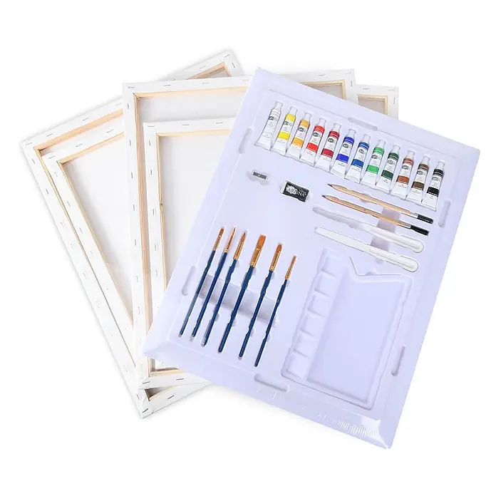 30tlg Keilrahmen & Acrylfarben Set Santorini Malset Acryl -  - Kunstmalset mit mehreren weißen Leinwänden, Acrylfarben, Pinseln, Bleistiften, Spachteln, Anspitzer und Radiergummi in einer Ablage.