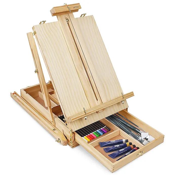 Artina Acrylfarben-Set inklusive Staffelei + 5 Pinsel + 2 Leinwände +3 Malspachtel -  - ARTINA Holz-Tischstaffelei mit verstellbarem Ständer und Schubladen für Acrylfarben, Pinsel und Stifte.