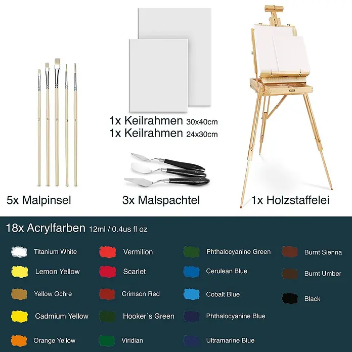 Artina Acrylfarben-Set inklusive Staffelei + 5 Pinsel + 2 Leinwände +3 Malspachtel -  - Ein komplettes Acryl-Malset mit Staffelei, 2 Leinwänden, 5 Pinseln, 3 Spachteln und 18 Acrylfarben.