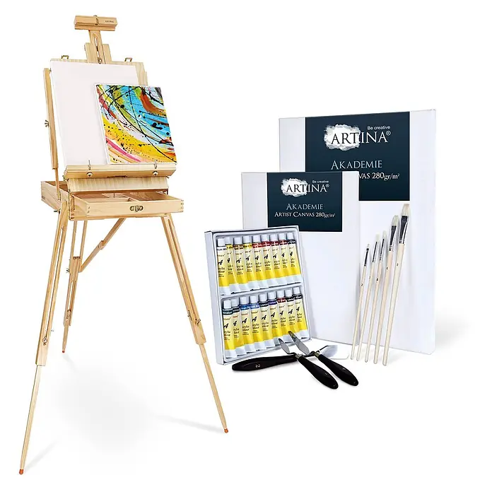 Artina Acrylfarben-Set inklusive Staffelei + 5 Pinsel + 2 Leinwände +3 Malspachtel -  - Komplettes hölzernes Künstlermalkasten-Set mit Staffelei, abstraktem Gemälde, leeren Leinwänden, Acrylfarben, Pinseln und zwei Spachteln.