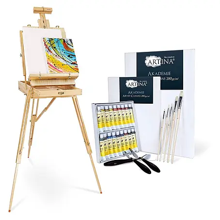 Artina  Acrylfarben-Set inklusive Staffelei + 5 Pinsel + 2 Leinwände +3 Malspachtel