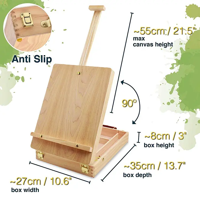 28tlg Malset Florenz im Malkoffer Florence, 28tlg. -  - Klappbare Staffelei aus hellem Holz mit Ablagefach, verstellbarem Winkel und Anti-Rutsch-Füßen. Maximale Leinwandhöhe ca. 55cm.
