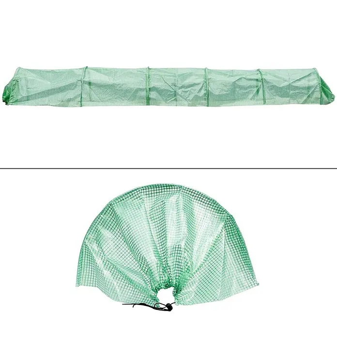 ECD Germany Gewächshaus 2x 300x55x35cm Gewächshaustunnel Transparent/Grün 135g/m² - Material Seitenwand: Kunststoff, Grün - Grüne, durchscheinende, gittergemusterte Pflanzenabdeckung, gezeigt als verlängerter Tunnel und geraffte Schutzkuppel.