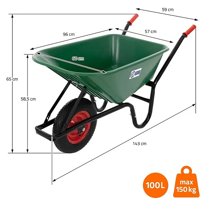 ECD Germany Gewächshaus 2x 300x55x35cm Gewächshaustunnel Transparent/Grün 135g/m² - Material Seitenwand: Kunststoff, Grün - Grüne Schubkarre mit schwarzem Rahmen und roten Griffen, zeigt Maße, 100L Fassungsvermögen und 150kg max. Last.
