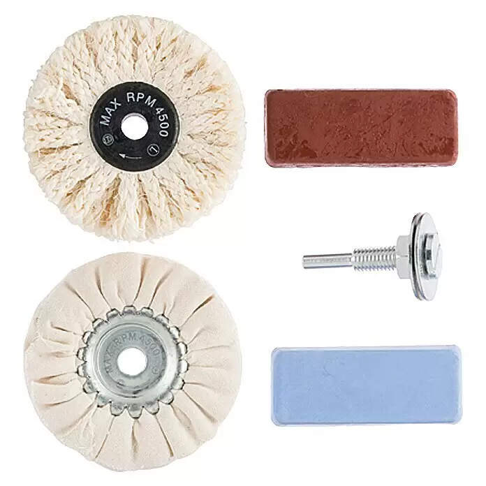 Craftomat Polier-Set - 5 -tlg., Passend für: Bohrfutter - Polierset mit zwei Baumwollscheiben, roten und blauen Polierpasten und einem Dorn.