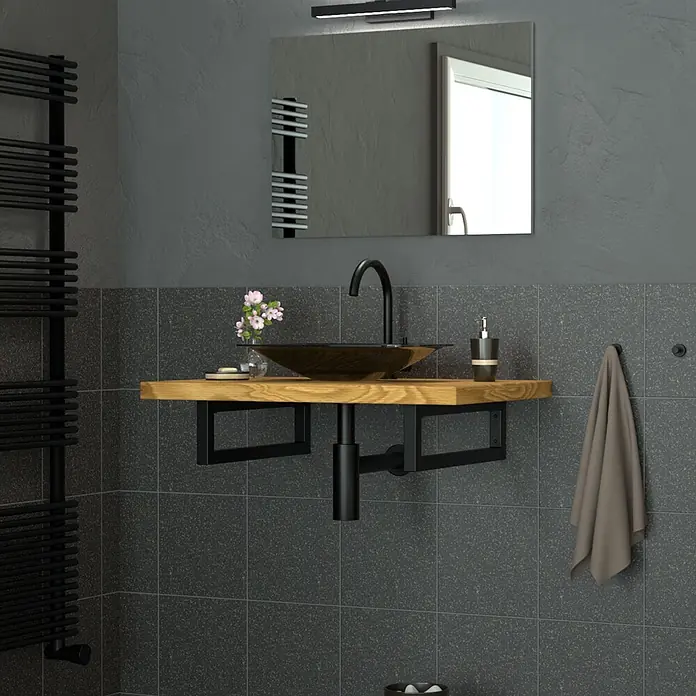 Wandkonsole 2er Set für Waschtisch 450x150 mm Schwarz aus Stahl -  - Moderner Badezimmer-Waschtisch mit dunkler Holzplatte, schwarzem Aufsatzwaschbecken und schwarzem Wasserhahn an dunklen Fliesenwänden.