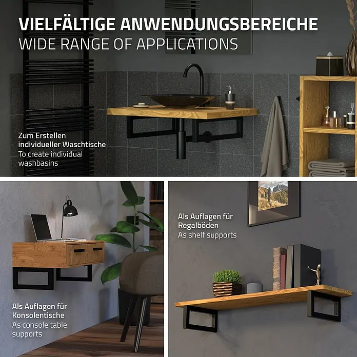 Wandkonsole 2er Set für Waschtisch 450x150 mm Schwarz aus Stahl -  - Schwarze Metallkonsolen, die als Stützen für ein Waschbecken, einen Konsolentisch und ein Regalbrett gezeigt werden, vielseitig einsetzbar.