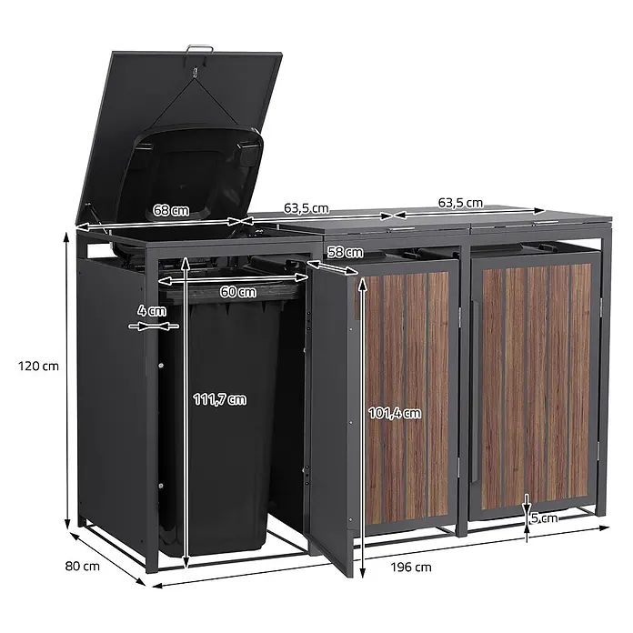 ML-Design Mülltonnenbox 3er 240L 196x80x120 cm Anthrazit-Holzoptik Stahl -  - Dunkelgraue Mülltonnenbox aus Metall mit drei Fächern, zwei davon mit Holzoptik-Türen, eine offen mit schwarzer Tonne, Maße sind angezeigt.
