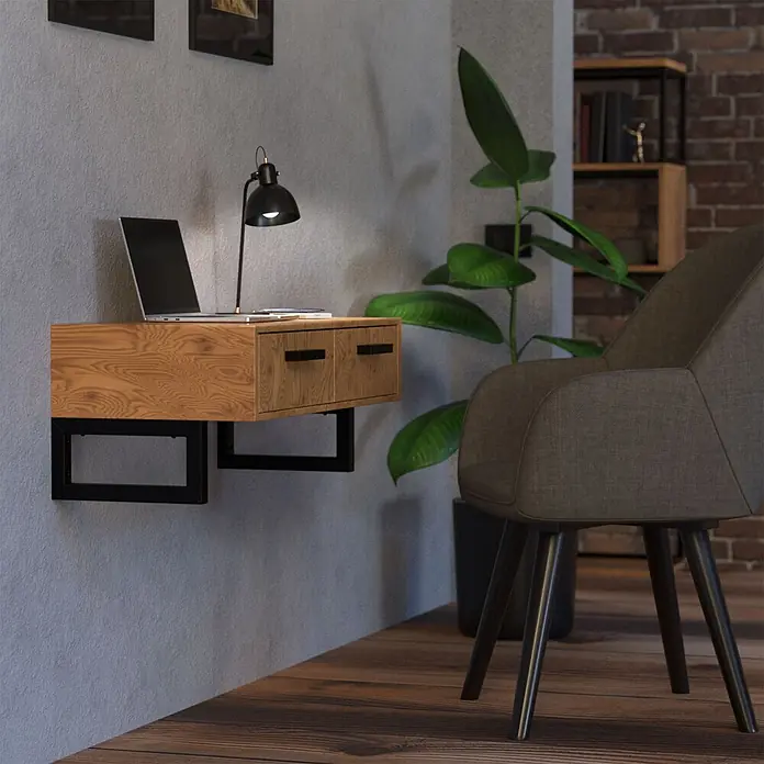Wandkonsole 2er Set für Waschtisch 450x150 mm Schwarz aus Stahl -  - Hölzerner Wandsekretär mit schwarzen Griffen und Metallstützen, mit Laptop und Lampe, ideal für kleine Räume.