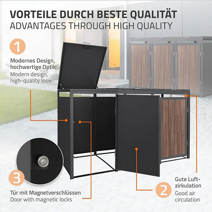 ML-Design Mülltonnenbox 3er 240L 196x80x120 cm Anthrazit-Holzoptik Stahl -  - Schwarzer Mülltonnenschrank mit Holzoptiktüren, hebt modernes Design, Luftzirkulation und Magnetverschlüsse hervor.