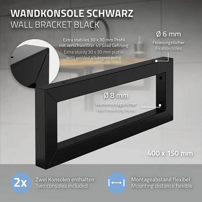 Wandkonsole 2er Set für Waschtisch 400x150 mm Schwarz aus Stahl -  - Schwarze Wandkonsole, 400x150mm, aus stabilem 30x30mm Profil mit geschweißter 45-Grad-Gehrung. Zwei Konsolen mit flexibler Montage.