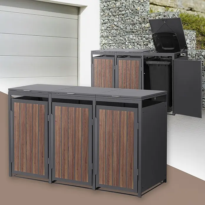 ML-Design Mülltonnenbox 3er 240L 196x80x120 cm Anthrazit-Holzoptik Stahl -  - Dunkelgraue Mülltonnenboxen aus Metall mit Holzoptik-Paneelen. Eine Box im Hintergrund ist geöffnet und zeigt eine Mülltonne.
