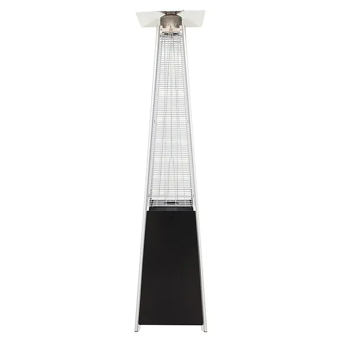 Estufa de exterior pirámide Fulmo - 13 kW, Altura: 227 cm, Negro - Calentador de patio piramidal con base negra, marco blanco y reflector plateado para exteriores.