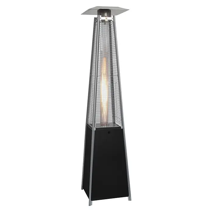 Estufa de exterior pirámide Fulmo - 13 kW, Altura: 227 cm, Negro - Calentador de patio piramidal alto con base negra, marco plateado, tubo de vidrio y llama visible para ambiente exterior.