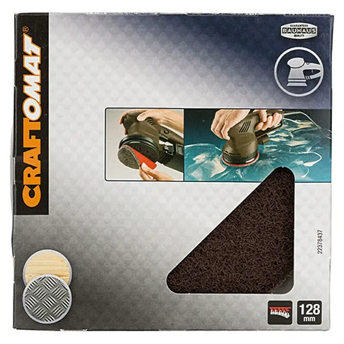 Craftomat Fieltro abrasivo - Grano: 280 mm - Embalaje del disco de lijado CRAFTOMAT de 128mm para superficies de madera y metal, mostrando la lijadora en acción con imágenes.