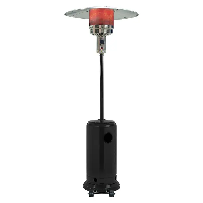 Estufa de exterior Fulmo - 13 kW, Altura: 217 cm, Negro - Un calentador de patio negro y plateado con un elemento calefactor naranja visible y ruedas en la base.